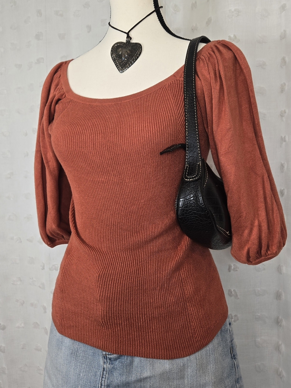 Express Rust Puff-Sleeve Ribbed Sweater Top - Women's
